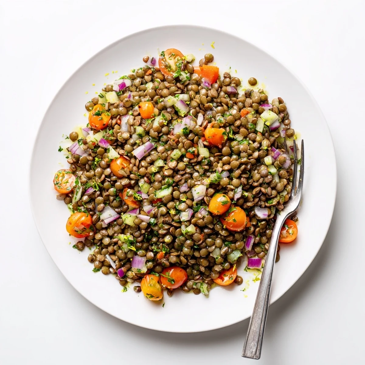Colorful bowl of French lentil salad with fresh vegetables and tangy Dijon vinaigrette