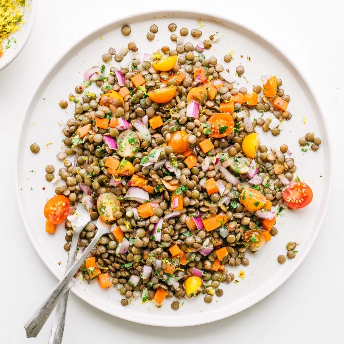 Close-up view of French lentil salad featuring green lentils, diced vegetables, and zesty dressing