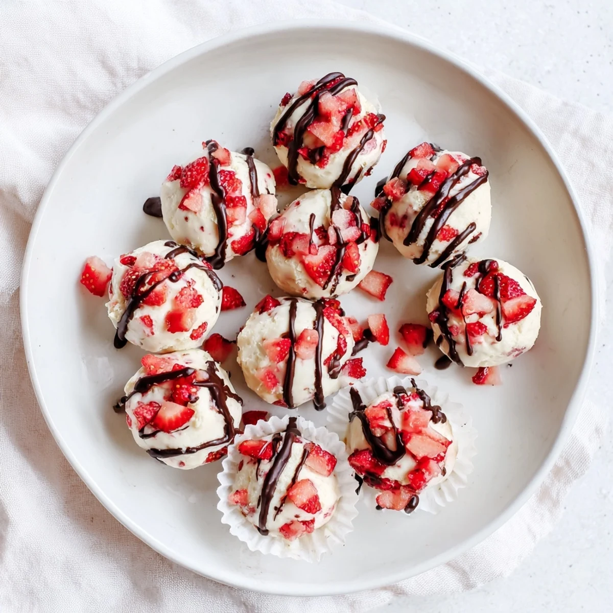 Creamy strawberry high protein yogurt bites studded with fresh diced red berries on a white plate