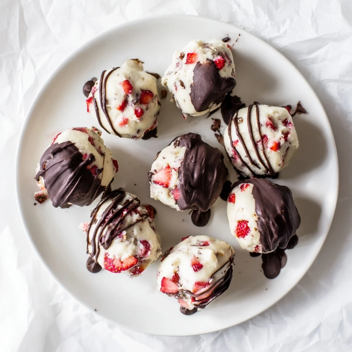 Bite-sized strawberry high protein yogurt treats with pink fruit pieces arranged on parchment paper