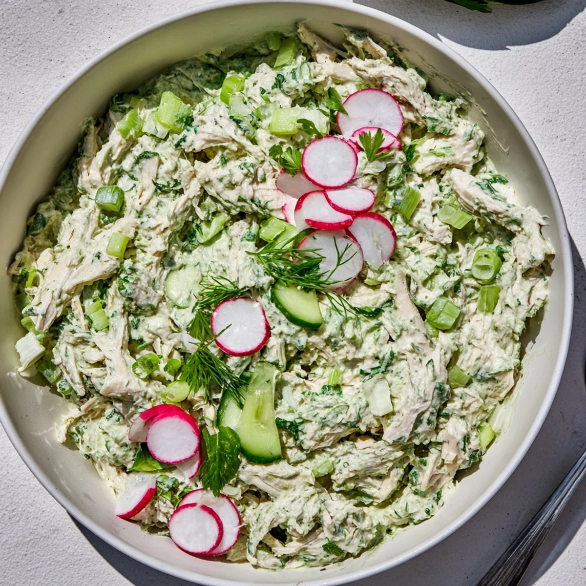Vibrant Green Goddess Chicken Salad Dip featuring tender chicken and fresh herbs on a wooden board
