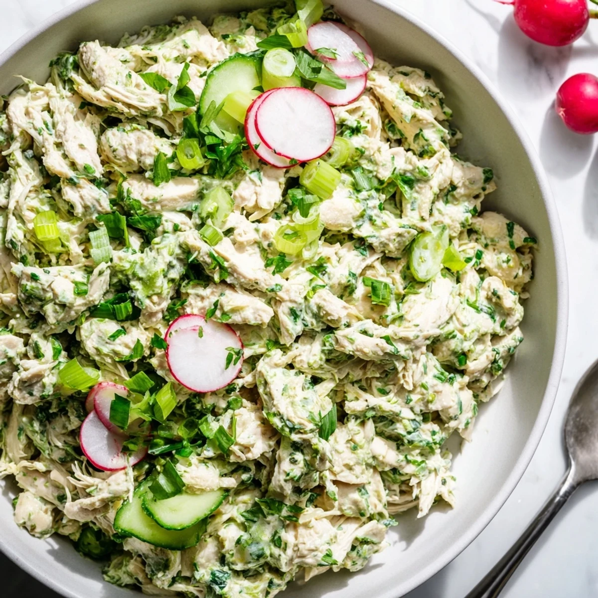 Creamy Green Goddess Chicken Salad Dip served in a white bowl with fresh herb garnish and crackers