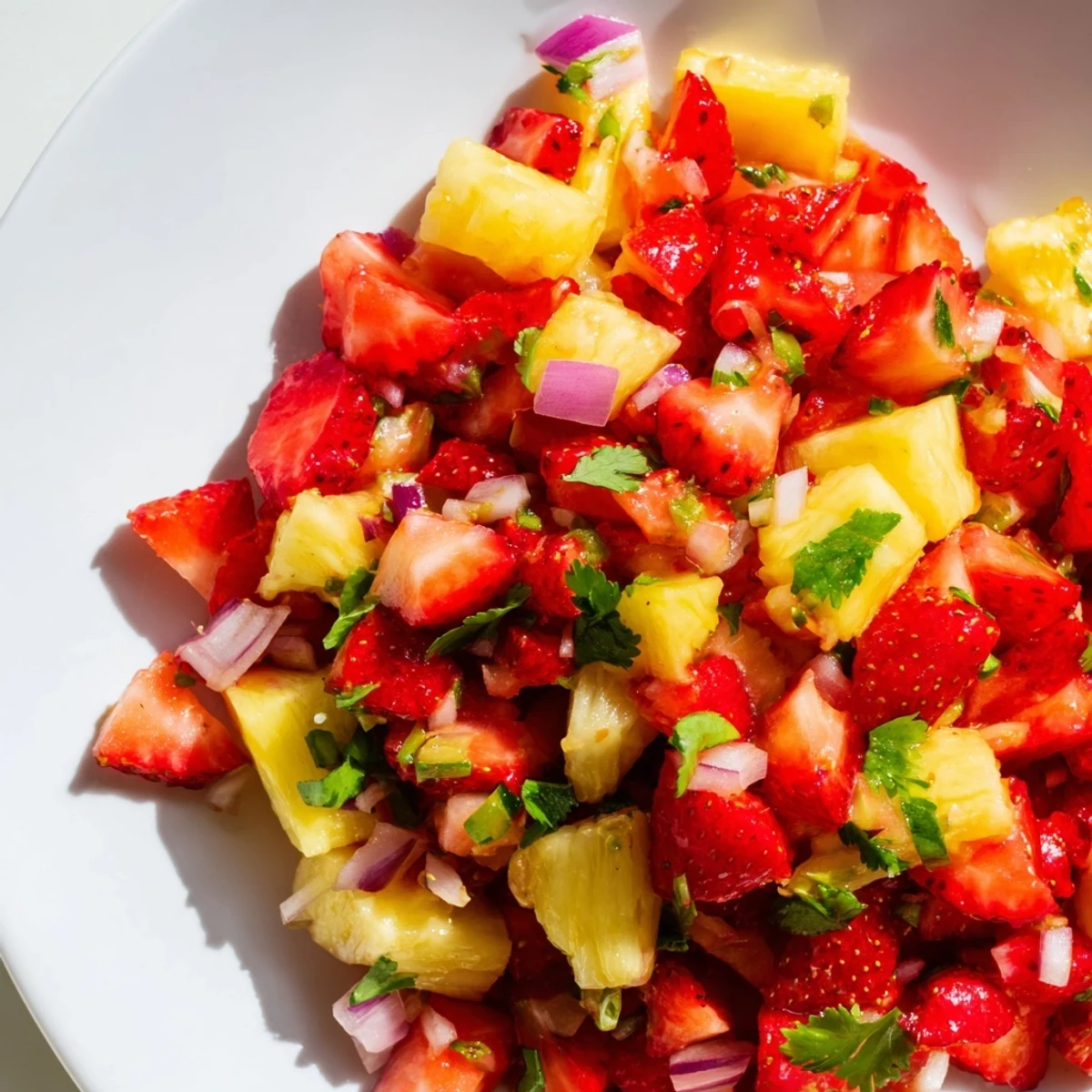 Fresh strawberry pineapple salsa in a white bowl with vibrant red and yellow fruit chunks, cilantro, and lime wedges
