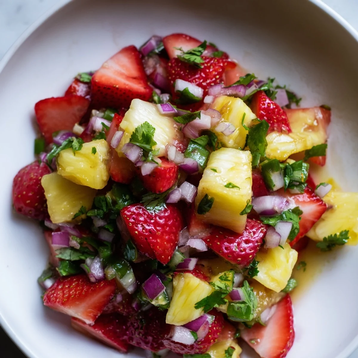Colorful strawberry pineapple salsa topped with diced red onion and jalapeño, served with crispy tortilla chips on a wooden board