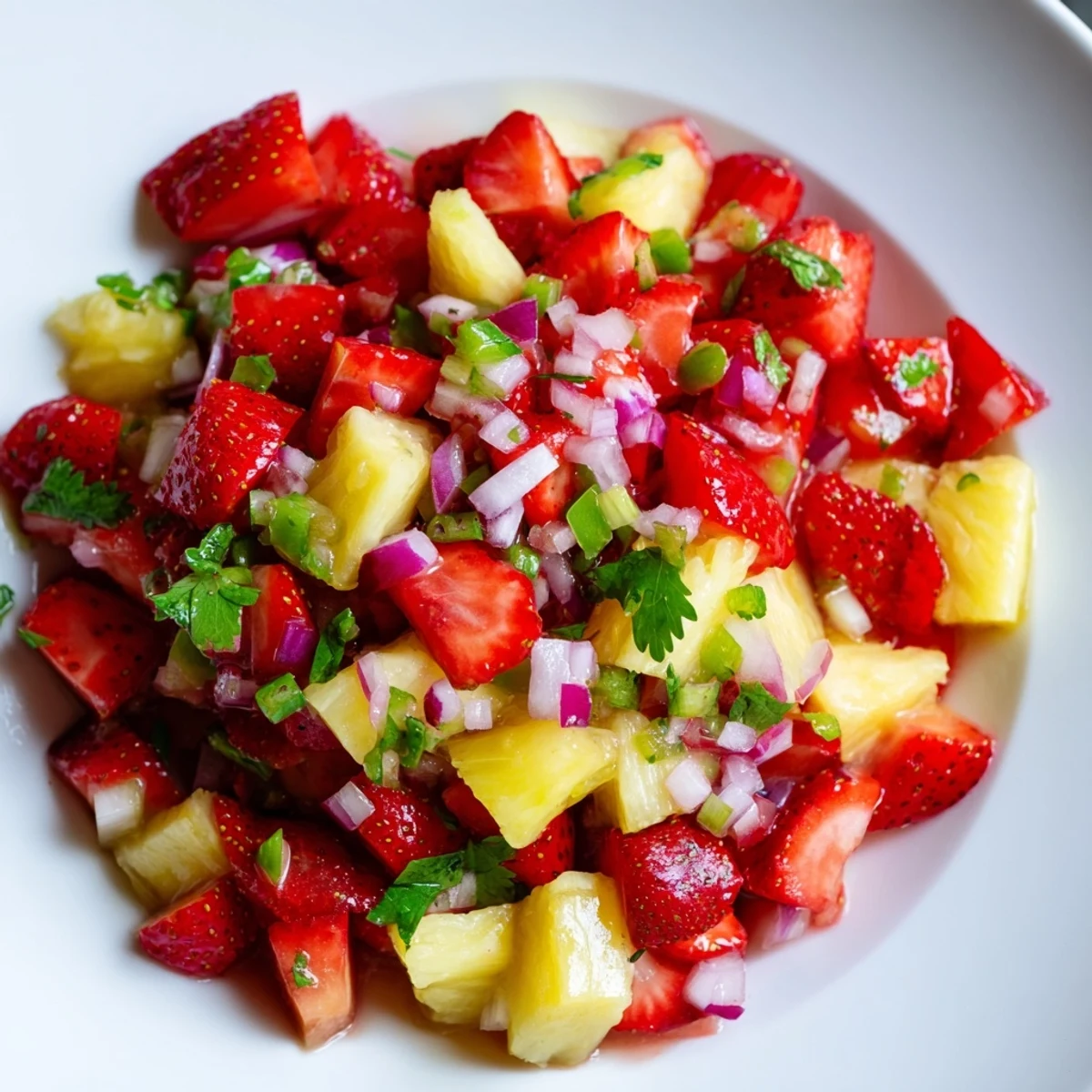 Glossy strawberry pineapple salsa speckled with green cilantro and red onion, ready for scooping onto grilled fish or chicken