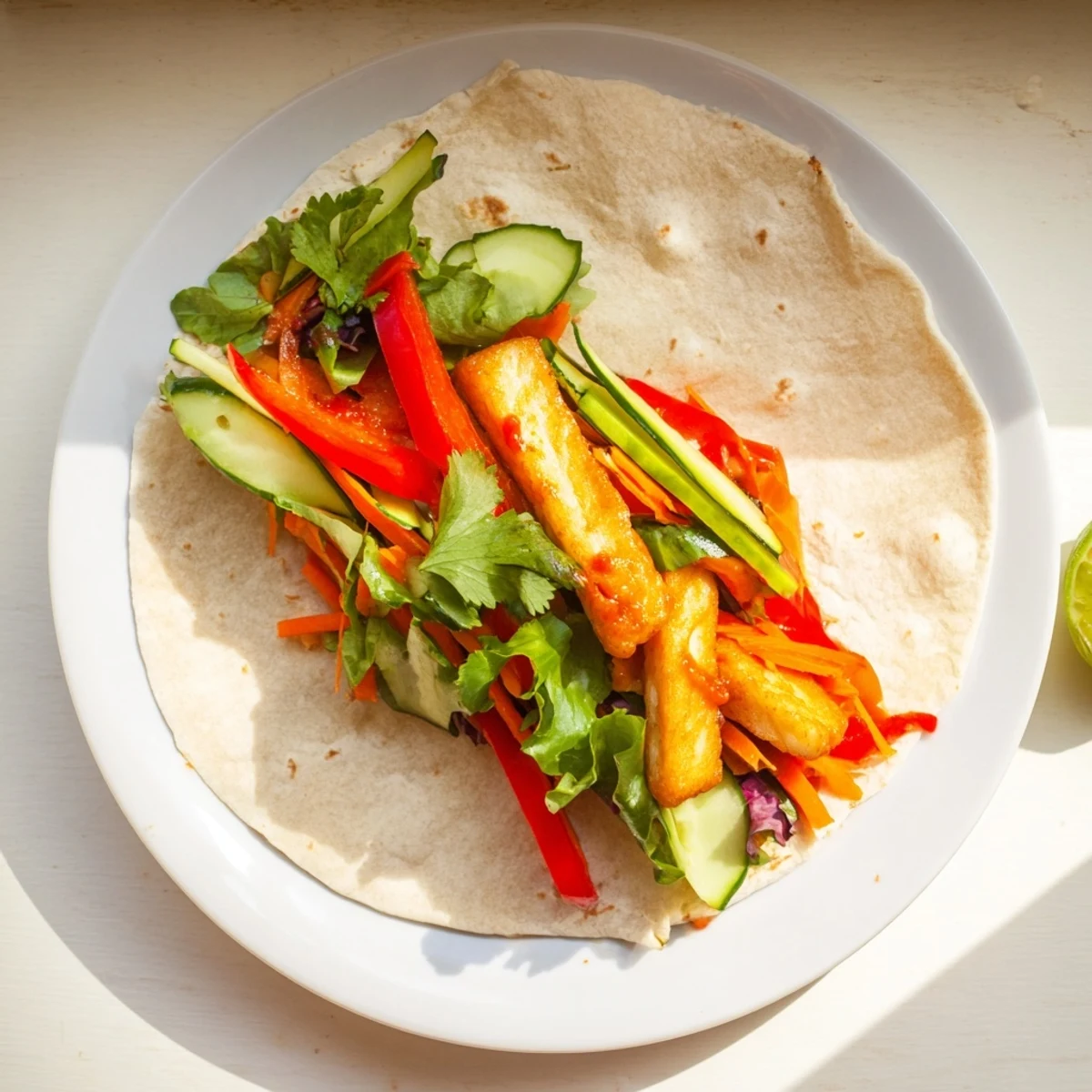 Flour tortilla rolled around crispy fried halloumi cheese strips drizzled with tangy sweet chili sauce