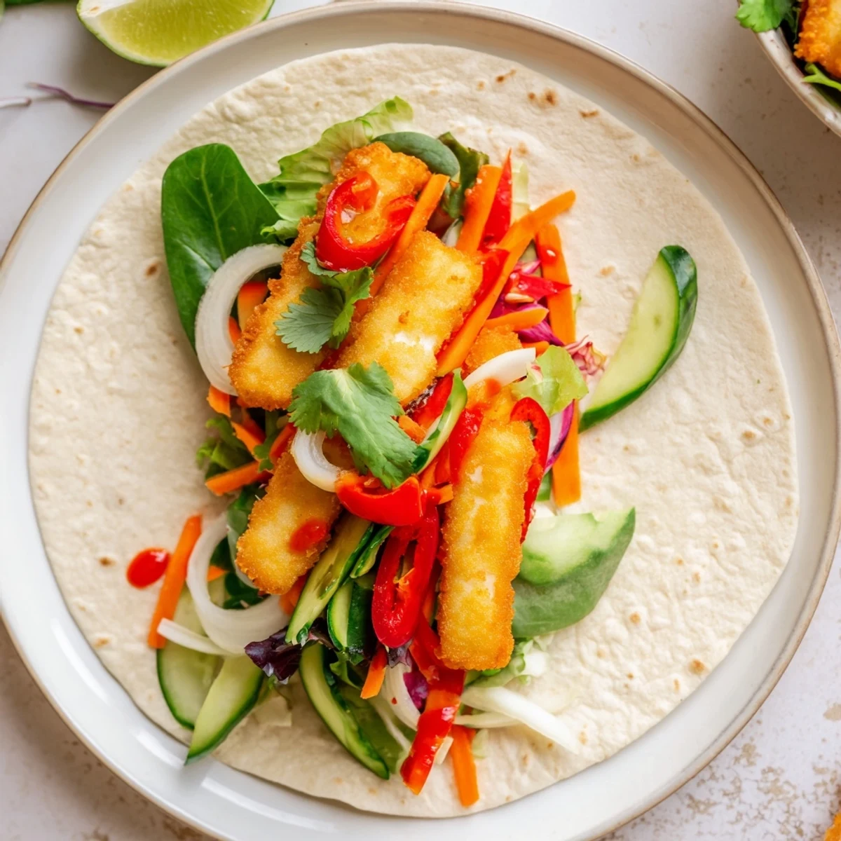 Golden brown vegetarian sweet chili halloumi wraps stuffed with crunchy fresh vegetables and vibrant herbs