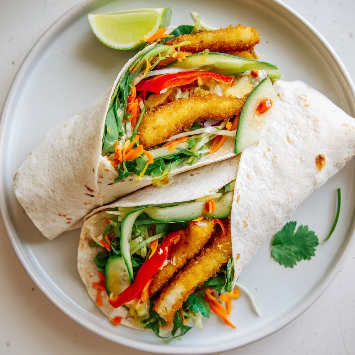 Colorful wrap displaying sliced cucumber, carrot, bell pepper alongside golden halloumi in flour tortilla