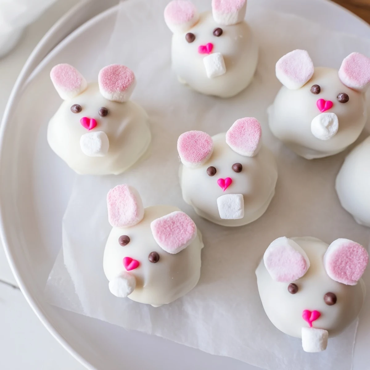White chocolate dipped Bunny Oreo Balls decorated with cute marshmallow ears and pink candy noses