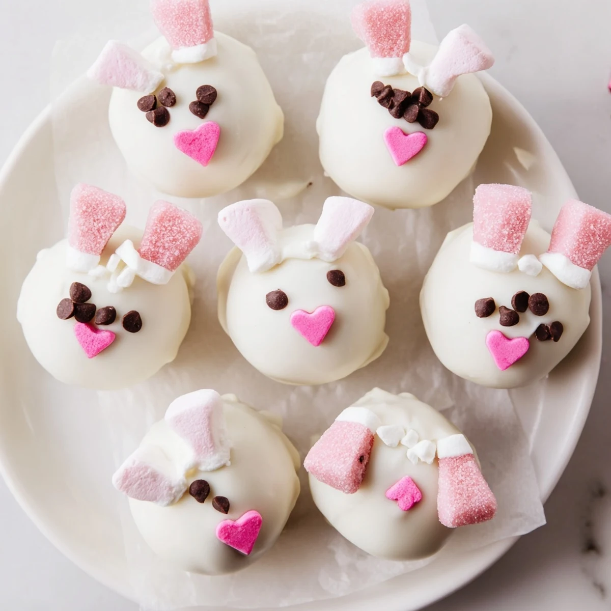 Easter dessert tray featuring creamy Oreo truffle balls shaped like adorable bunnies with white coating