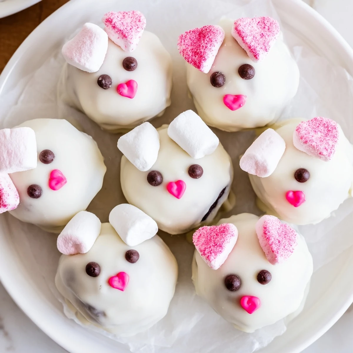 No-bake Bunny Oreo Balls with pink sugar ears and chocolate eyes on a platter