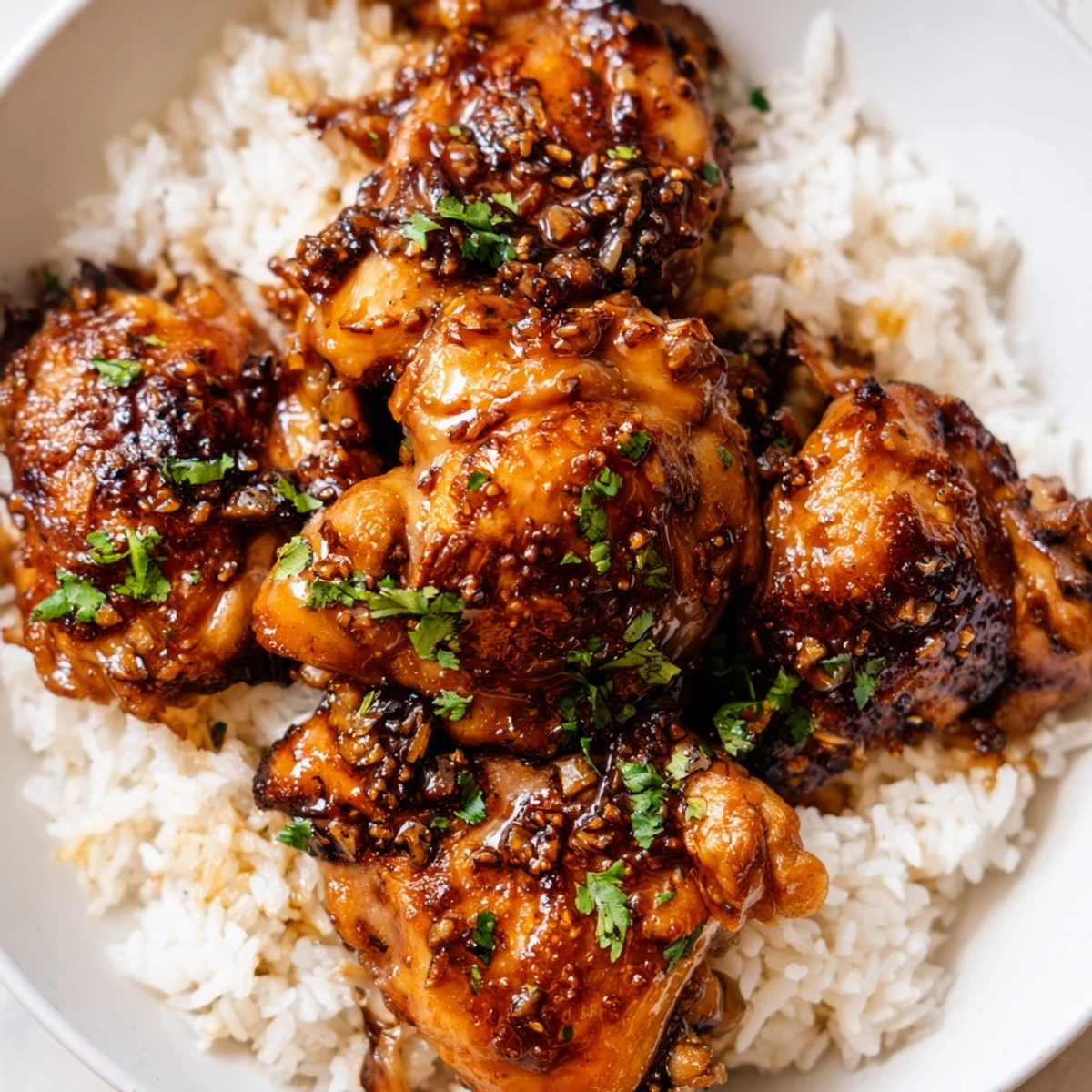 Golden brown spicy maple chicken thighs glazed with sticky sweet sauce atop fluffy white coconut rice