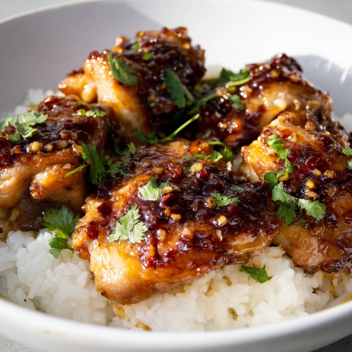 Plate of tender spicy maple chicken with caramelized edges served over fragrant coconut rice with cilantro garnish