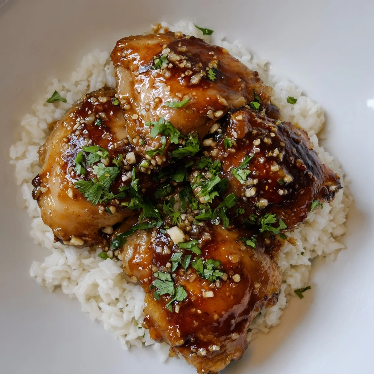 Close-up of glazed spicy maple chicken pieces resting on bed of creamy coconut rice with sesame seed topping