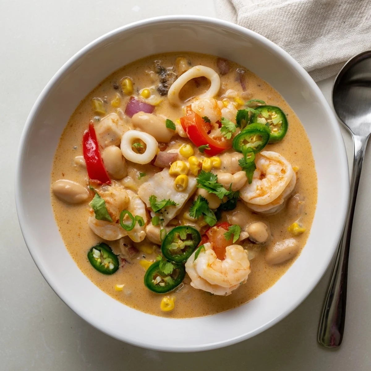 Savory creamy seafood and shrimp chili steaming hot with lime wedges on the side