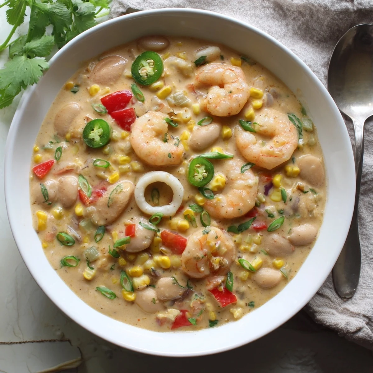 Creamy seafood and shrimp chili topped with fresh cilantro in a white bowl