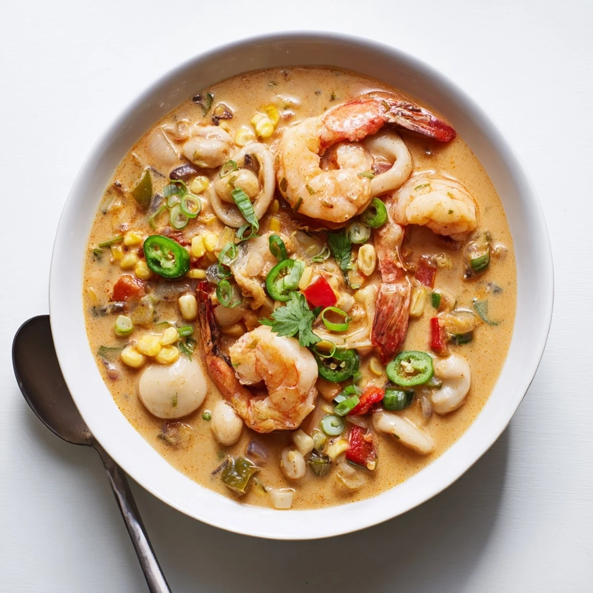 Rich and hearty creamy seafood and shrimp chili with tender shrimp and scallops visible