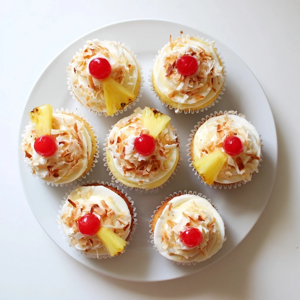 Close up of coconut frosted Piña Colada cupcakes with pineapple chunks on a white plate