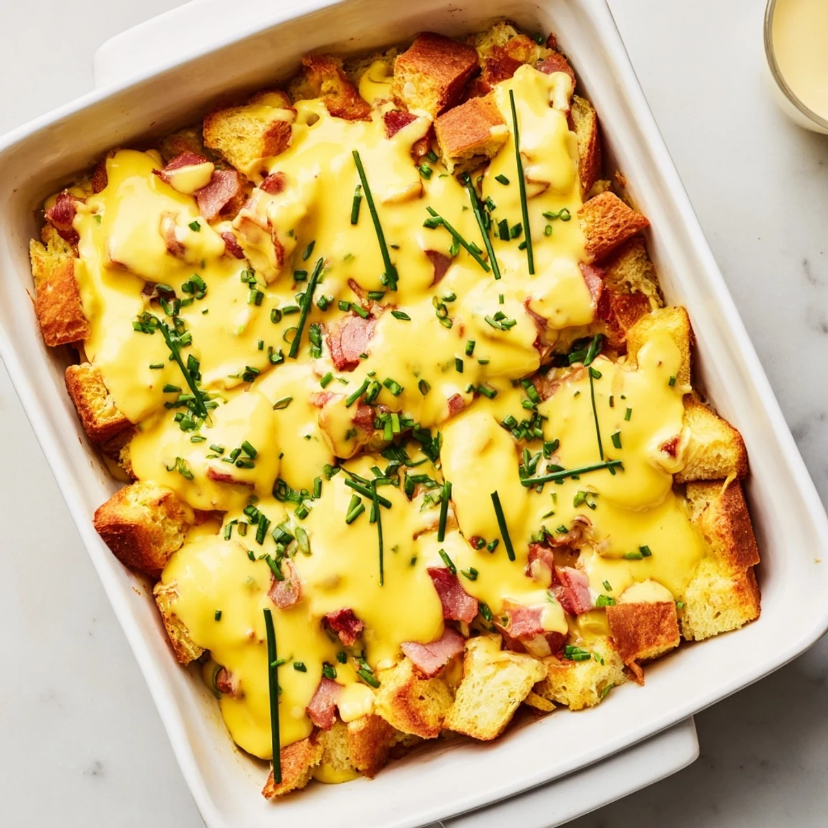 Golden baked Eggs Benedict Casserole topped with creamy hollandaise sauce and fresh chives