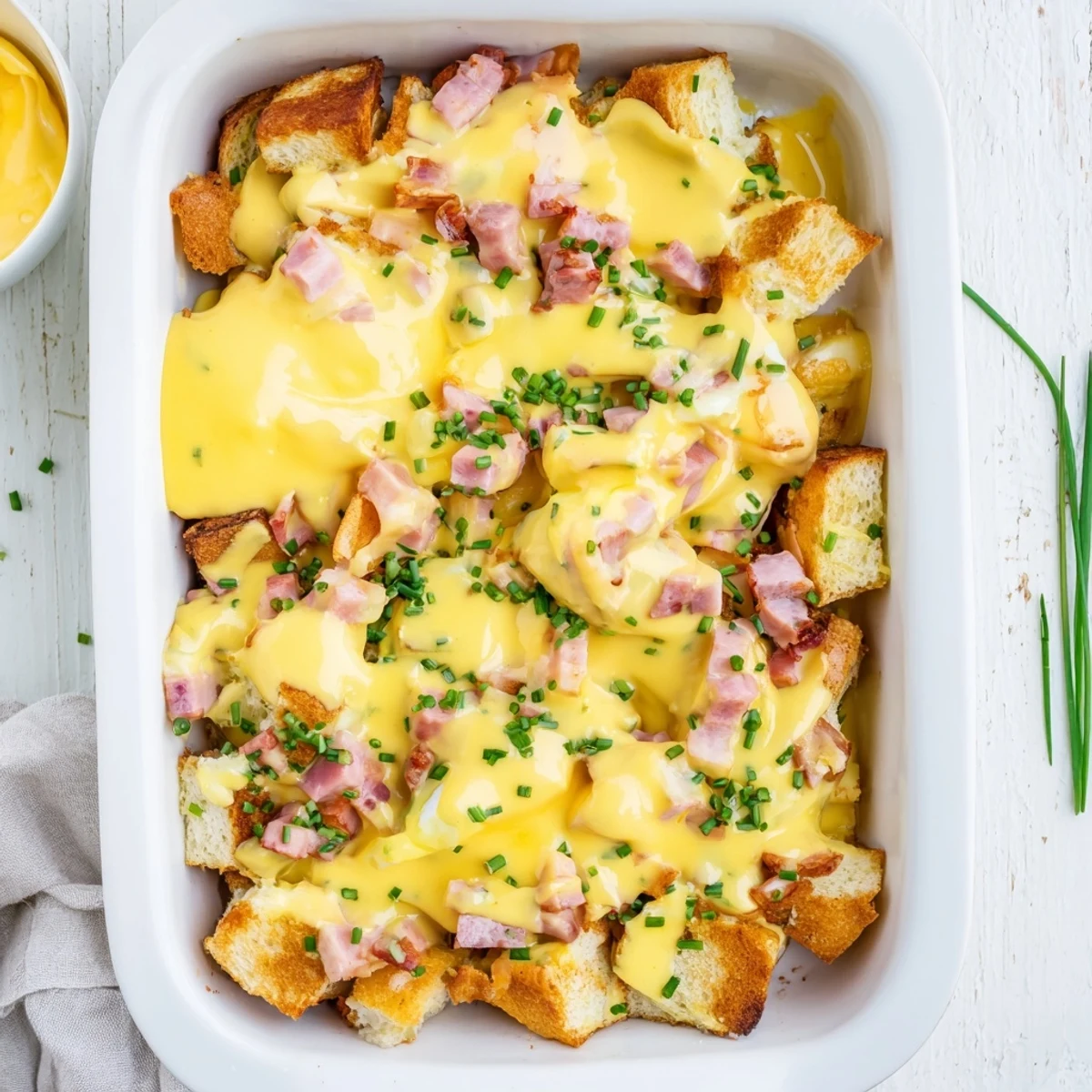 Savory breakfast casserole with English muffins, Canadian bacon, and fluffy egg layers