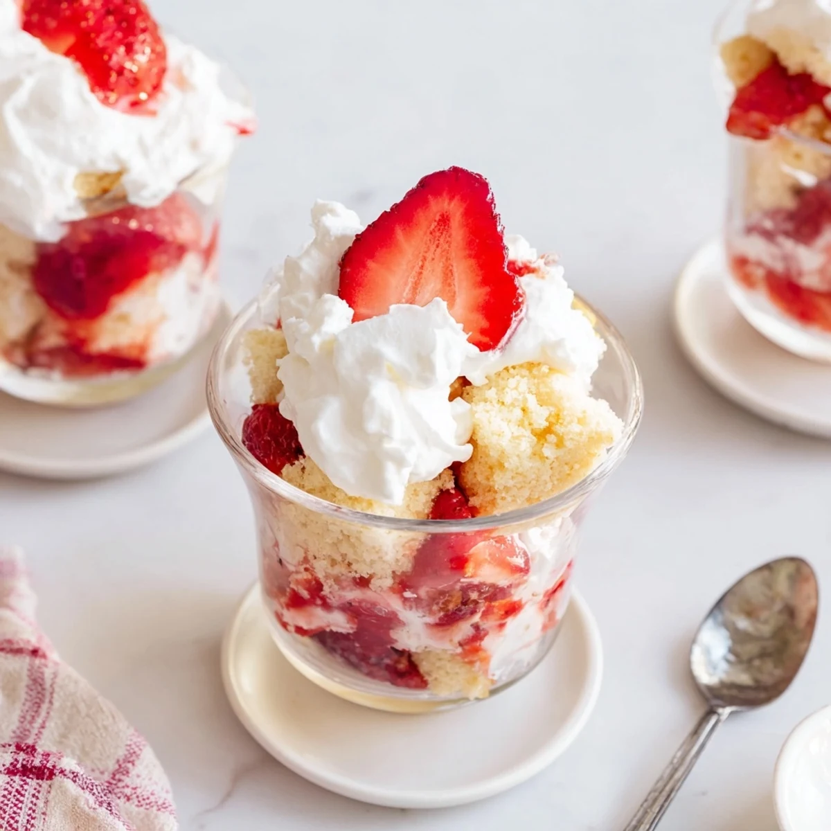 Golden homemade shortcake pieces topped with sweet glazed strawberries and vanilla whipped cream in these easy portable strawberry shortcake cups