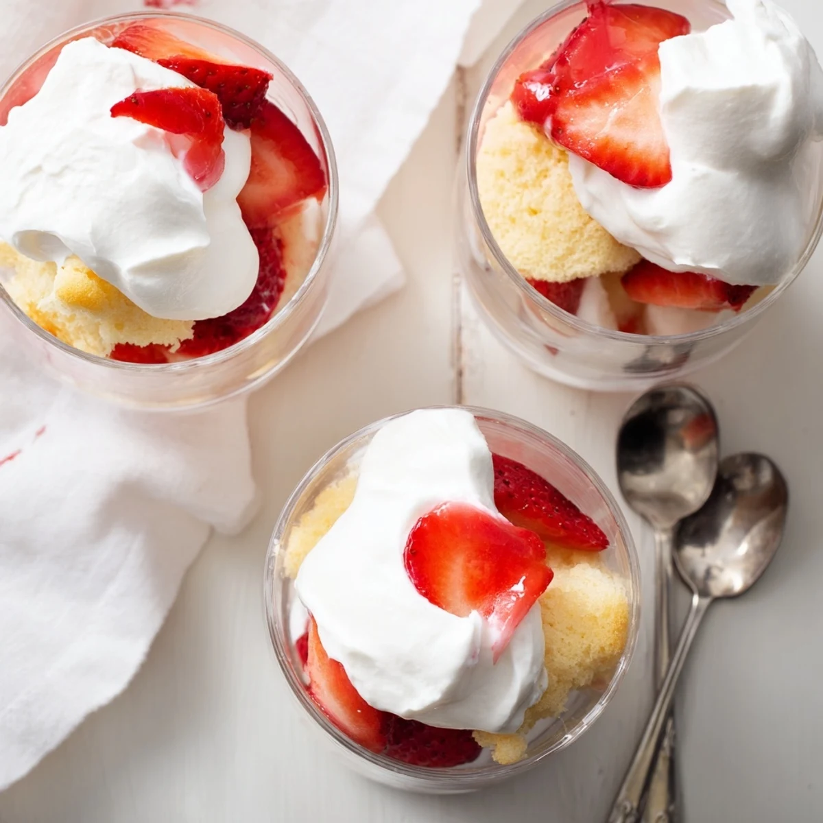 Individual strawberry shortcake cups layered with juicy macerated berries and fluffy whipped cream in clear glass dessert cups