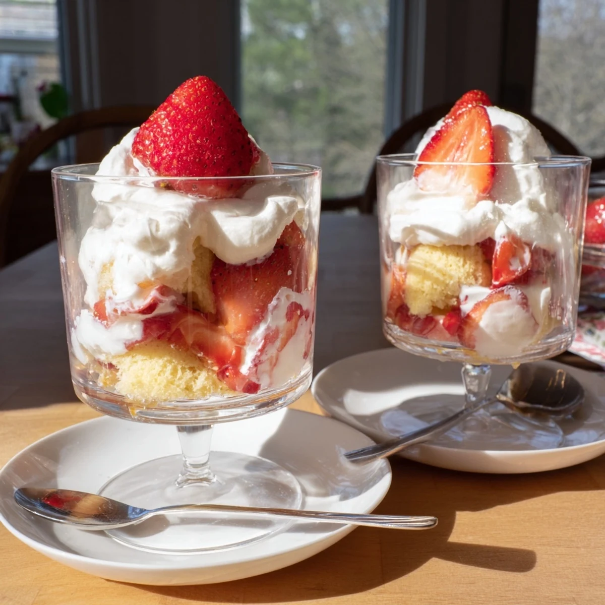 Tender strawberry shortcake cups showcase alternating layers of buttery cake, sugary fresh strawberries, and clouds of white whipped cream