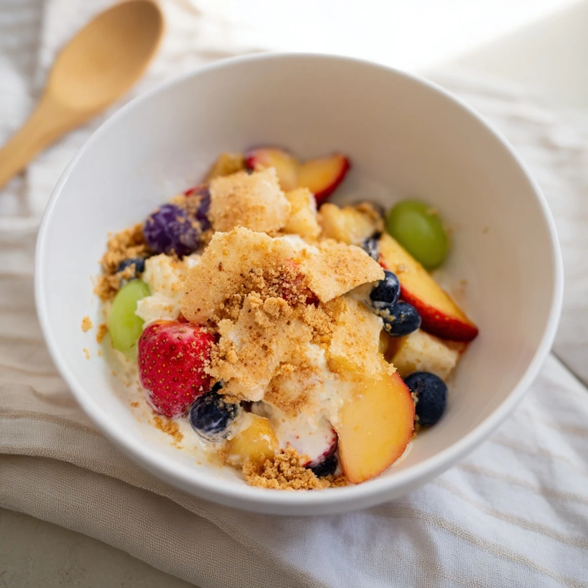 Colorful peach cobbler cheesecake fruit salad with fresh summer berries and creamy cheesecake coating