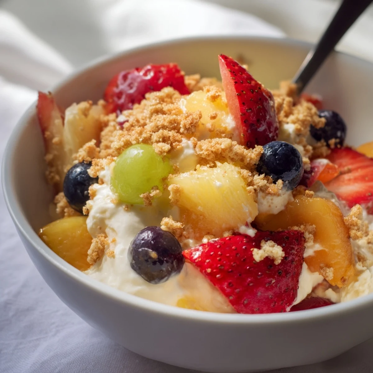 Refreshing peach cobbler cheesecake fruit salad topped with golden cinnamon crumbles over juicy fruit