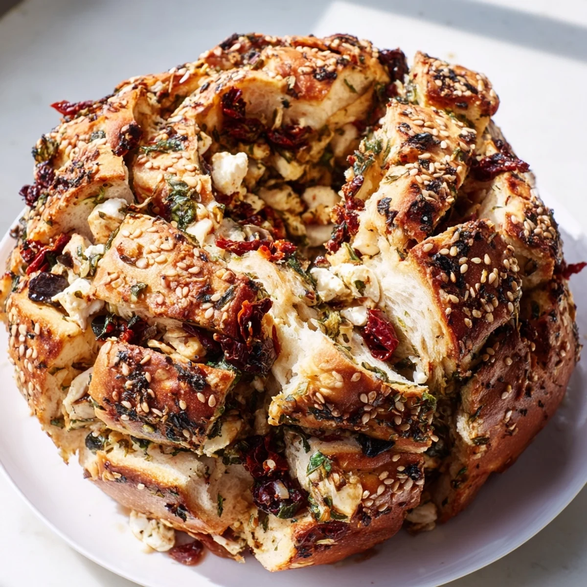 Golden Mediterranean pull-apart bread with visible layers of feta, olives, and sun-dried tomatoes