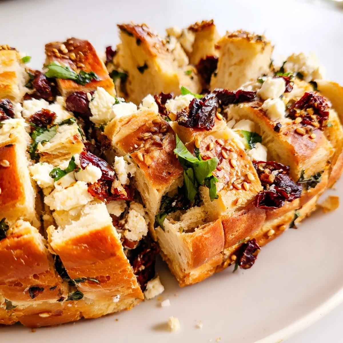 Warm Mediterranean pull-apart bread pieces revealing savory filling of fresh herbs and crumbled feta