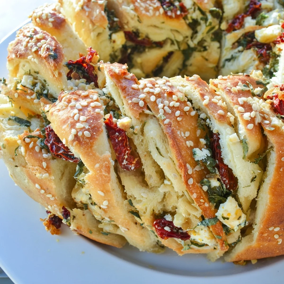 Soft baked Mediterranean pull-apart bread loaf sprinkled with sesame seeds on a wooden board