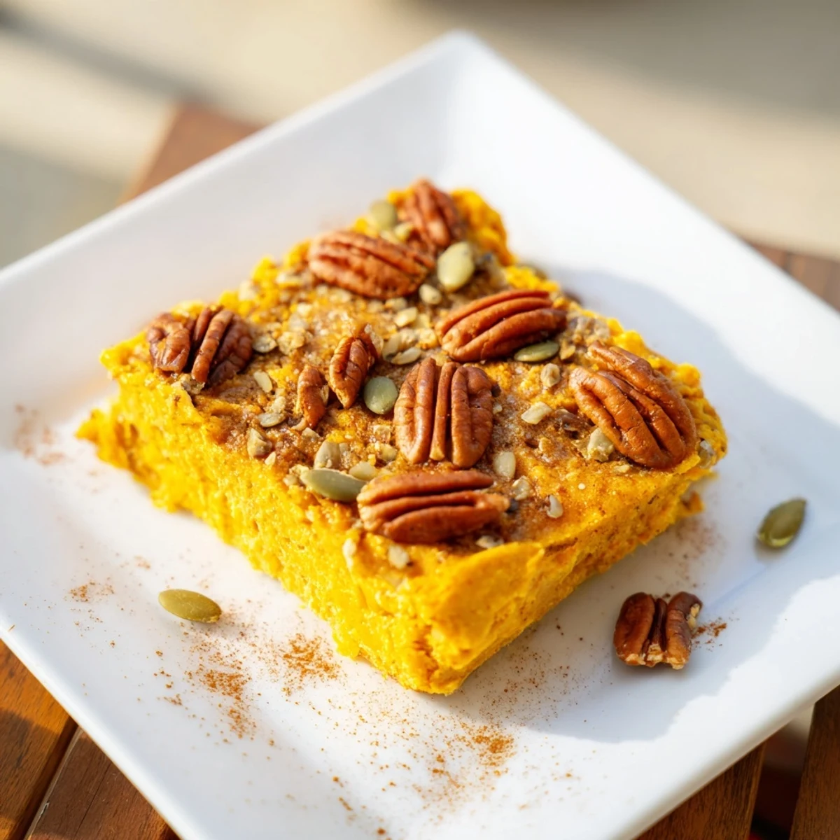 Golden high protein cottage cheese pumpkin bake sprinkled with pecans and pumpkin seeds