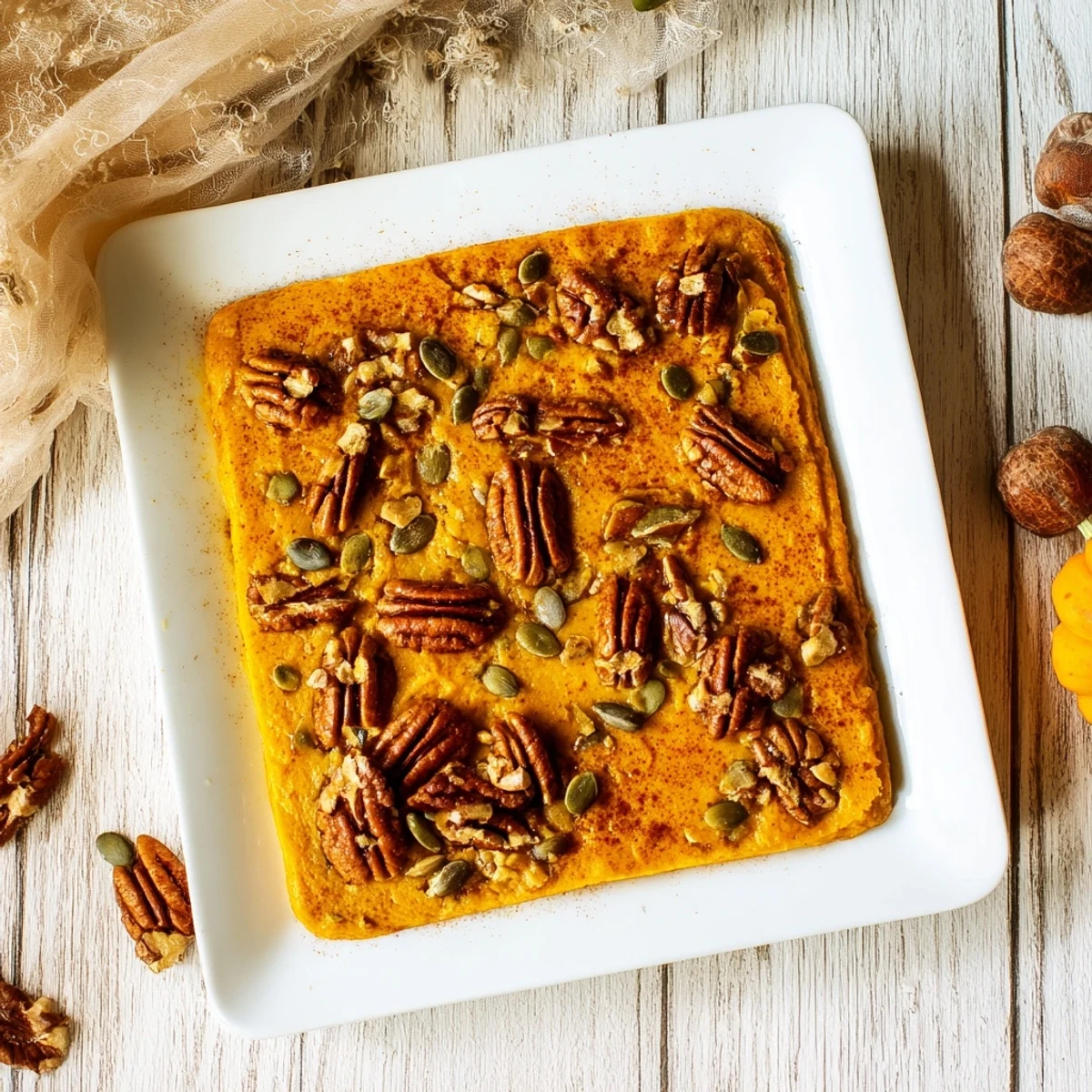 Creamy pumpkin bake with cottage cheese featuring warm spices and chopped nut topping