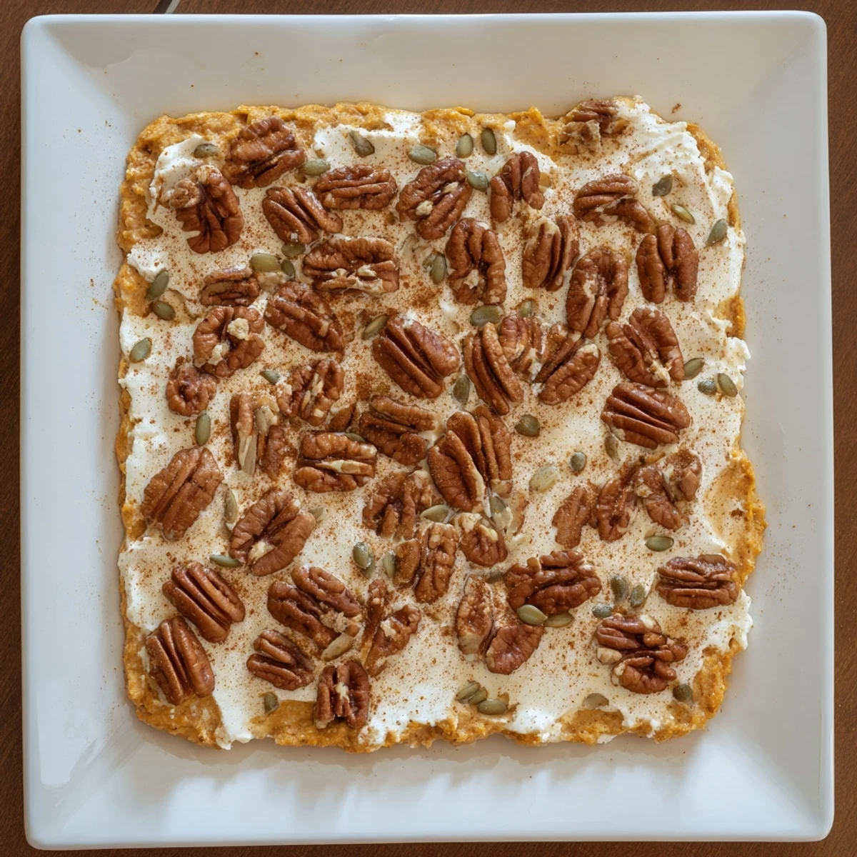 Sliced high protein cottage cheese pumpkin bake served with yogurt and fresh berries