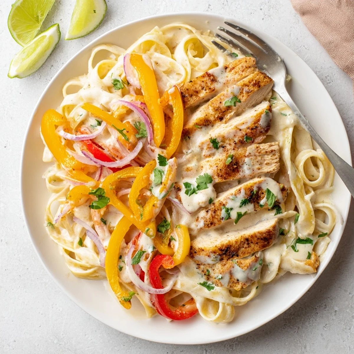 Creamy Southwest chicken alfredo pasta topped with seasoned sliced chicken and colorful bell peppers