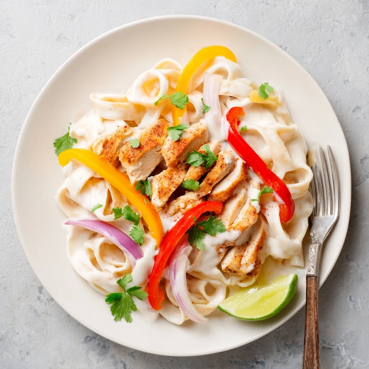 Steamy bowl of Southwest chicken alfredo featuring tender chicken strips in rich Parmesan cream sauce