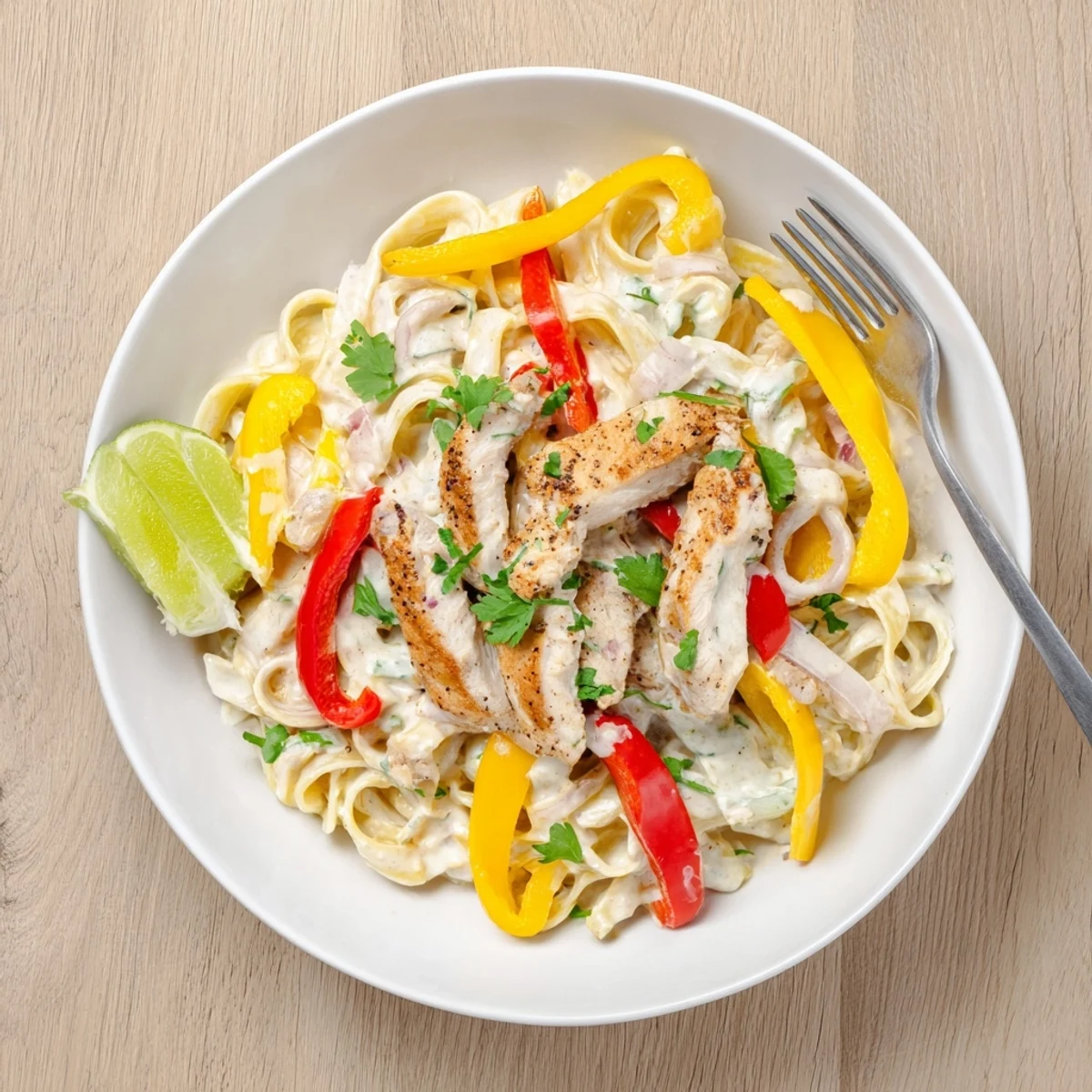 Southwest chicken alfredo tossed with sautéed vegetables and garnished with fresh cilantro and lime