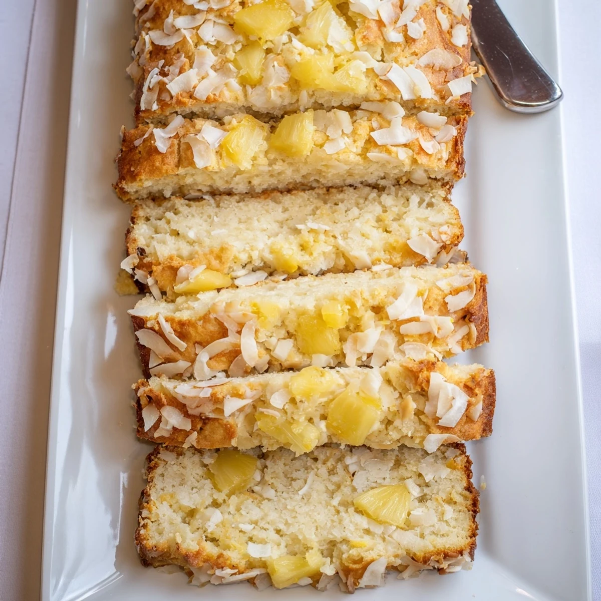 Golden slice of cozy pineapple coconut bread with visible fruit and coconut flakes on a wooden cutting board