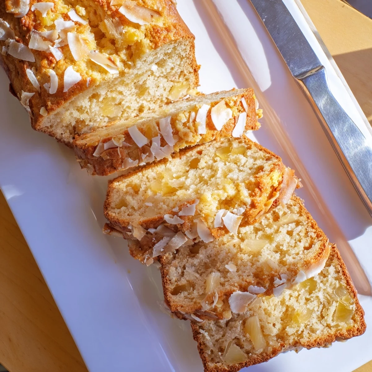 Warm slice of pineapple coconut bread served on a plate with melted butter pooling on top