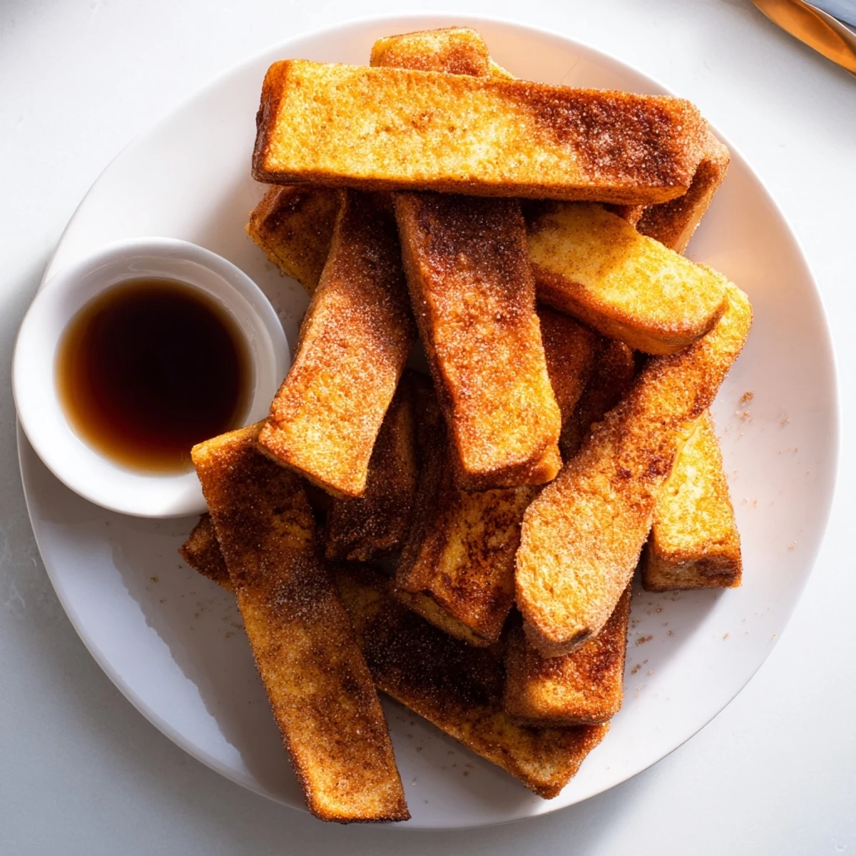 Crispy exterior cinnamon French toast sticks arranged on plate with sweet vanilla egg mixture visible