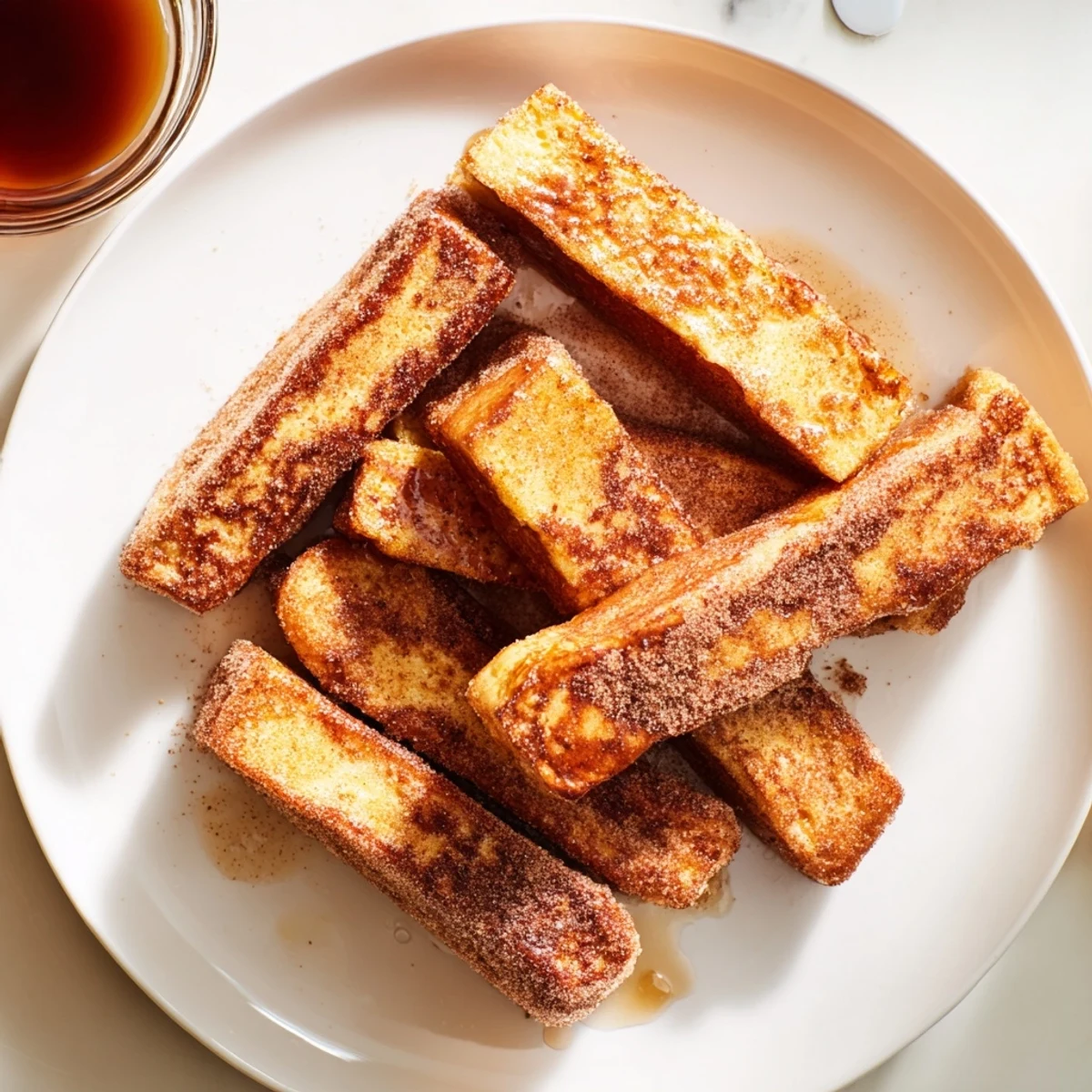 Golden cinnamon French toast sticks coated in sugar, served with maple syrup for dipping