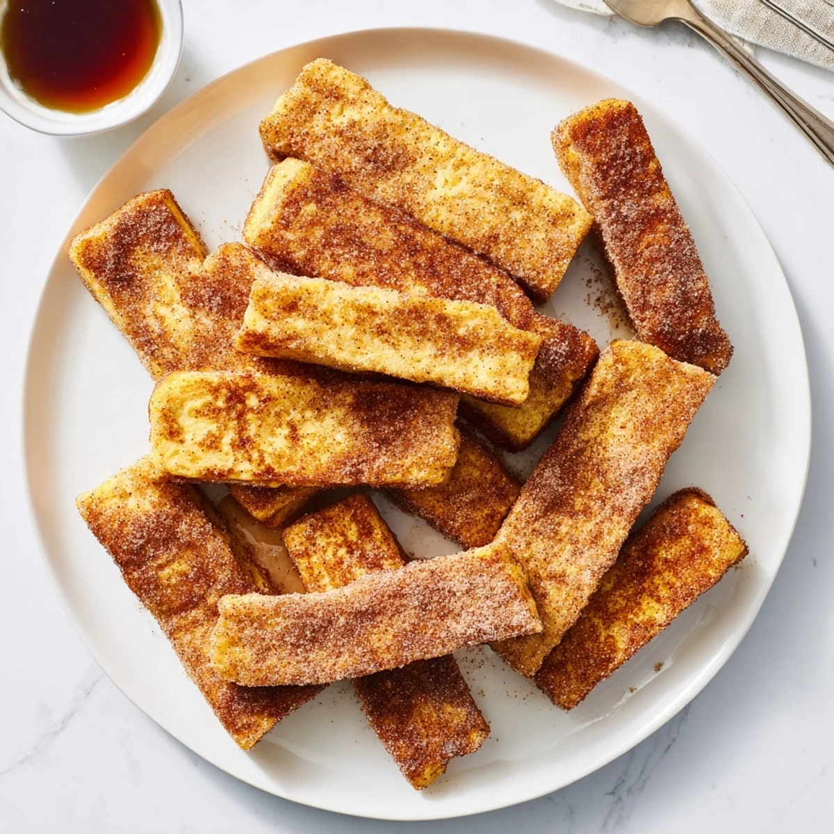 Warm cinnamon French toast sticks piled high with buttery golden edges and sugary coating