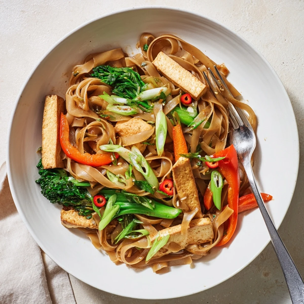 Golden vegan pad see ew stir-fried wide rice noodles with crisp vegetables in savory soy sauce