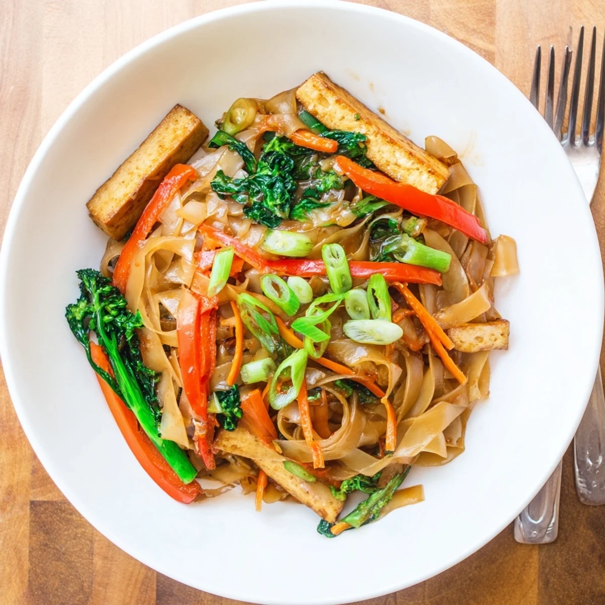 Homemade vegan pad see ew with chewy noodles, colorful vegetables, and aromatic garlic sauce