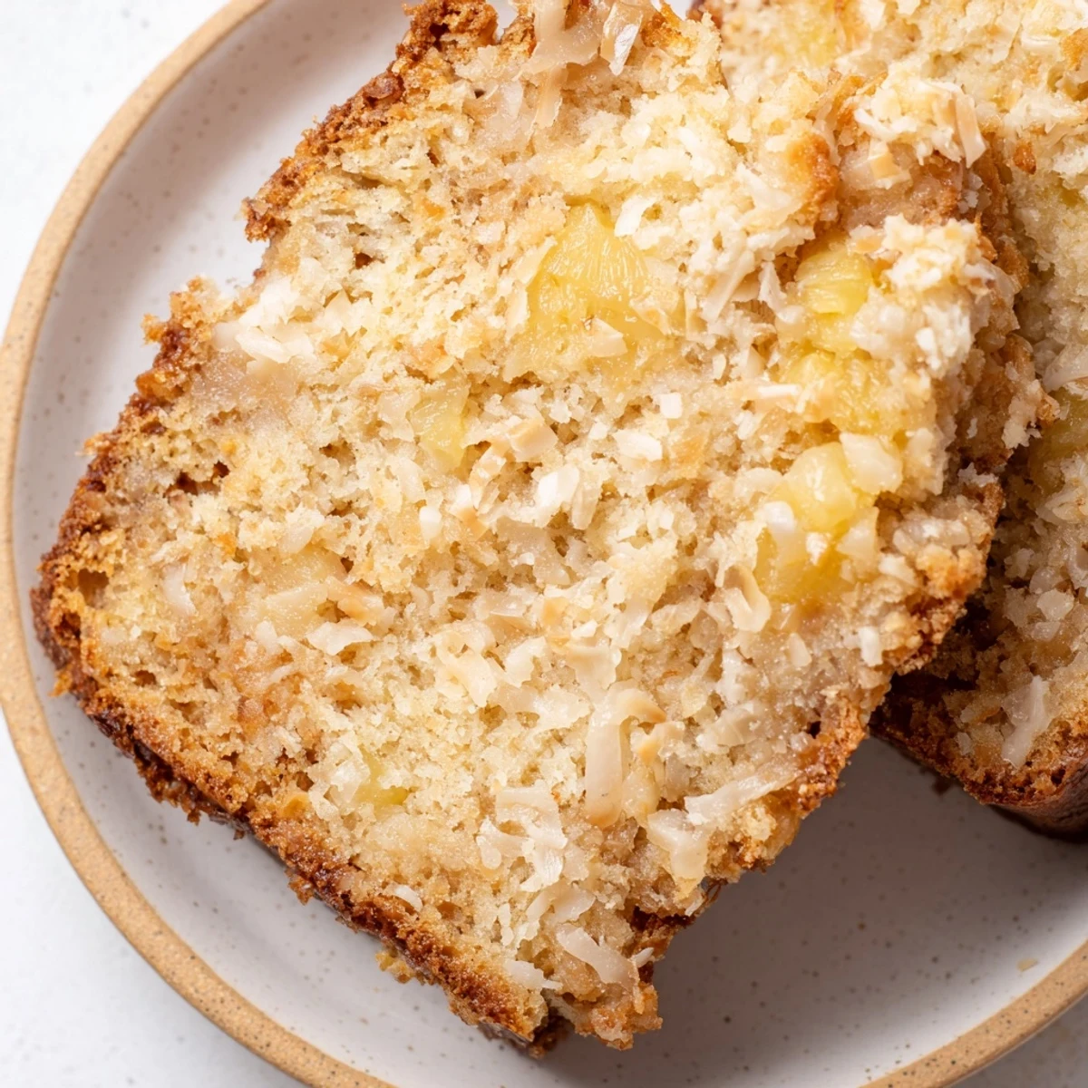 Golden coconut pineapple banana bread loaf sliced with visible fruit pieces and toasted coconut topping