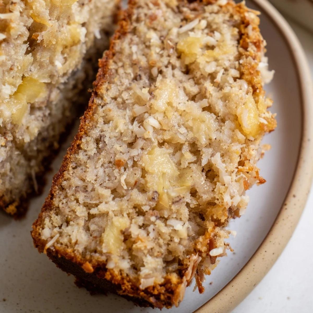Moist tropical banana bread studded with pineapple chunks and shredded coconut on a wooden board