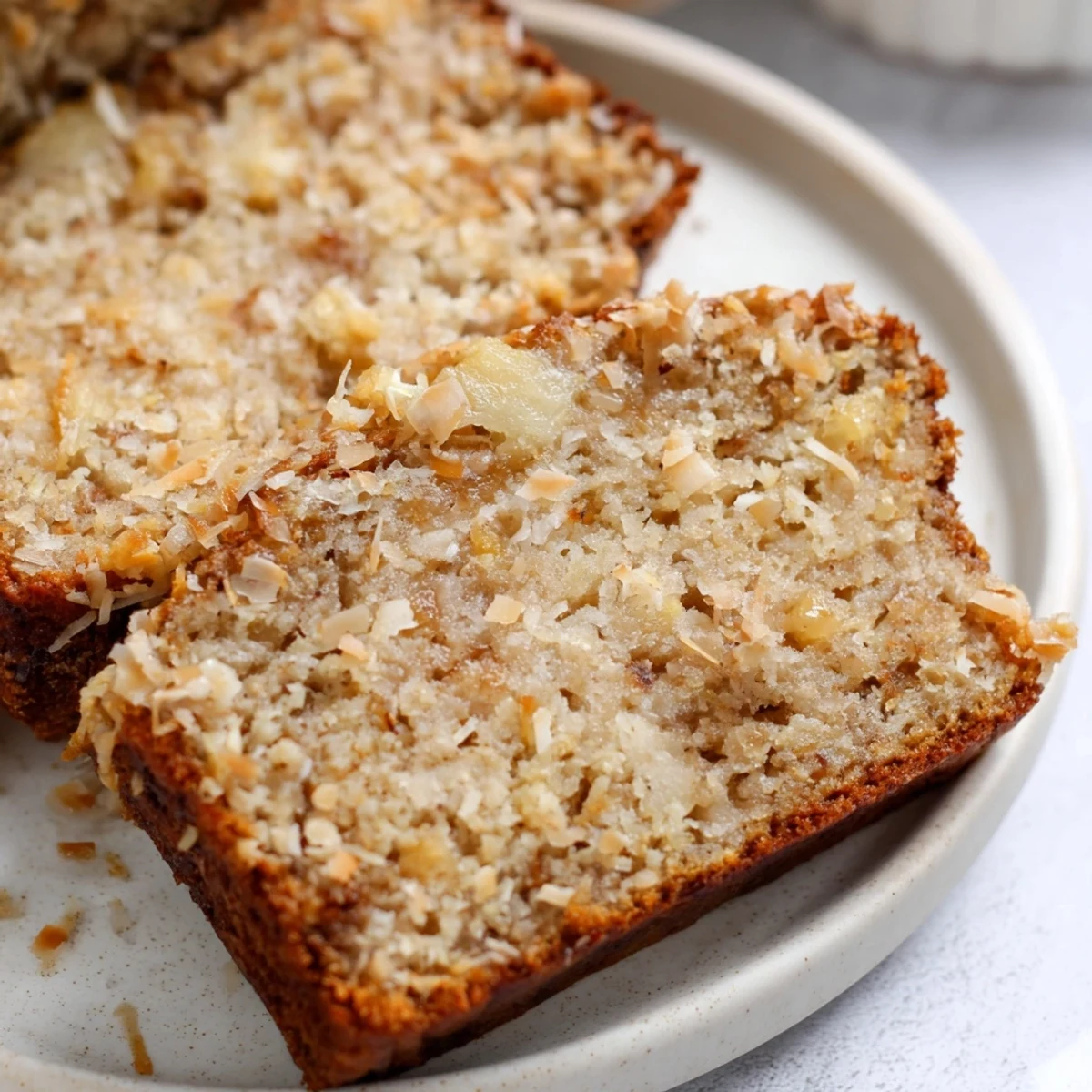 Homemade coconut pineapple banana bread cooling on wire rack with golden brown crust and fluffy interior