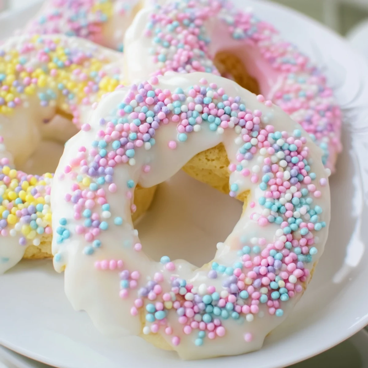 Soft Italian Easter cookies topped with white icing and colorful pastel sprinkles arranged on a decorative serving platter