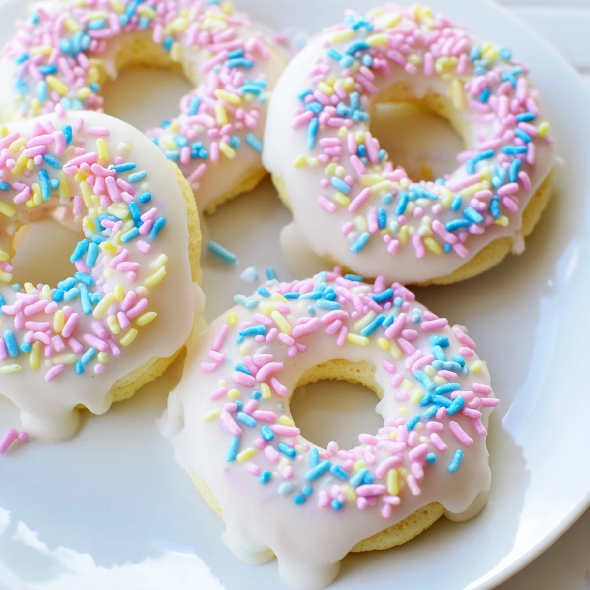 Close up of traditional Italian Easter cookies drizzled with vanilla icing and decorated with bright confetti sprinkles
